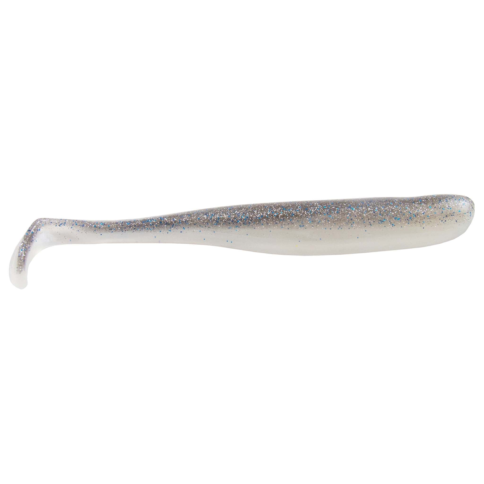 Light blue shad soft swimbait lure with speckled body and curved tail