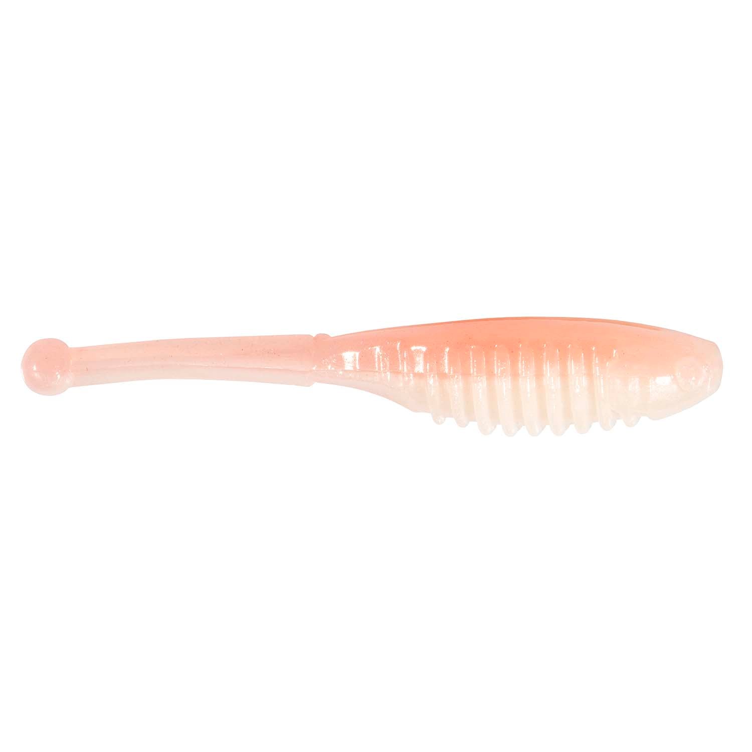 Soft fishing lure in translucent peach with ridged tail