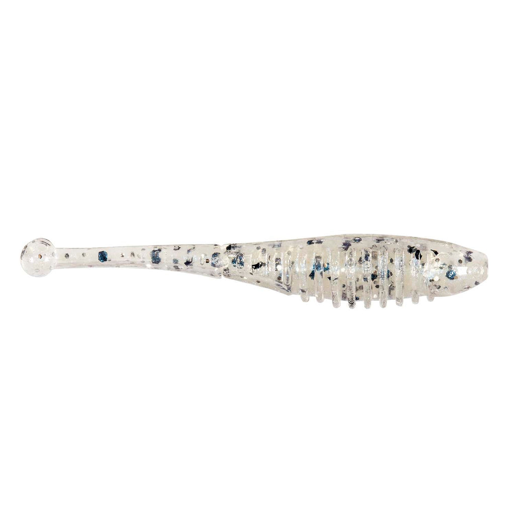 Baby BallerZ soft fishing lure, clear with blue speckles and ridged body