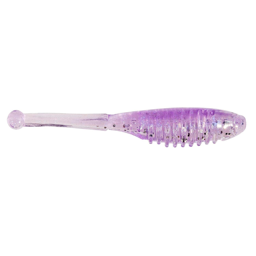 Soft fishing lure in translucent purple with ridged tail and speckles
