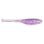 Soft fishing lure in translucent purple with ridged tail and speckles