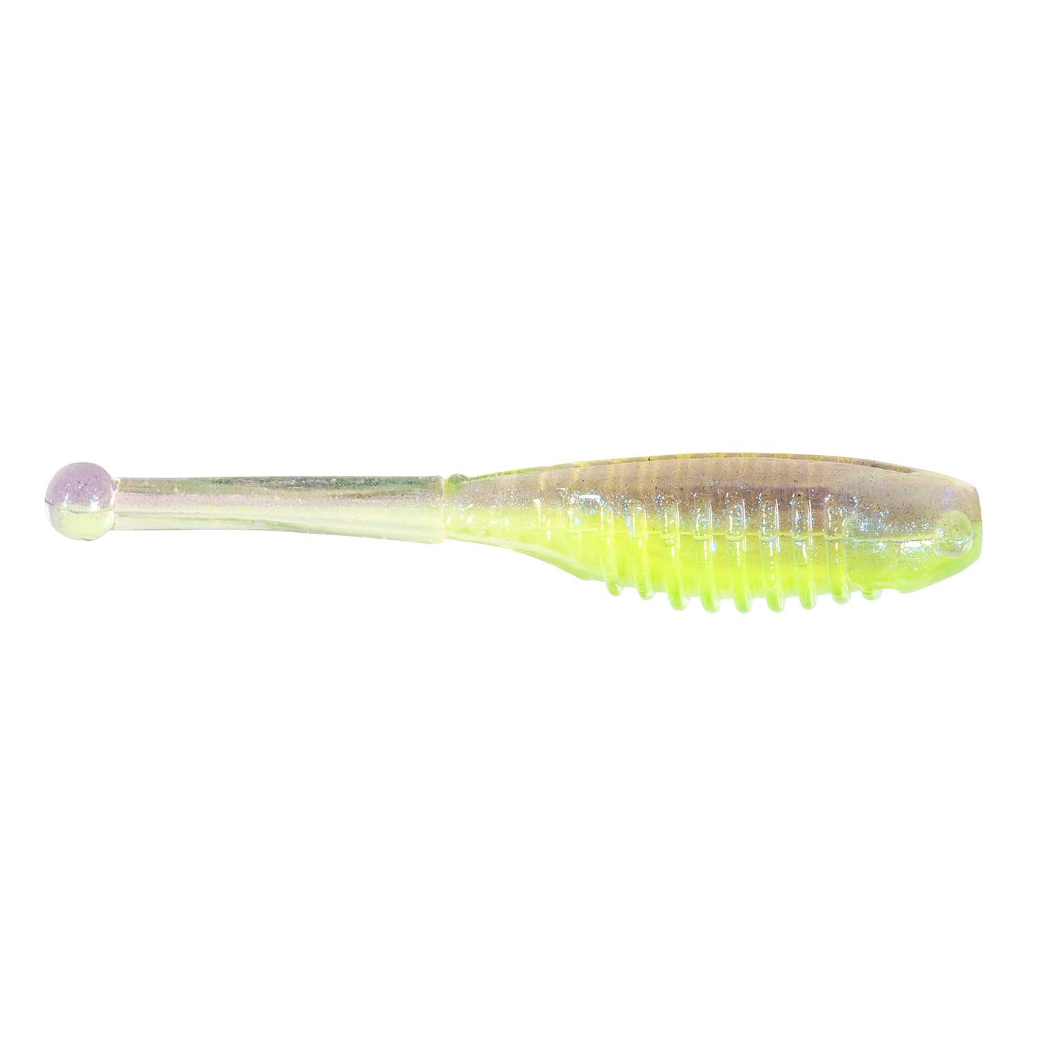 Soft fishing lure in lime green with light speckles and ridged tail