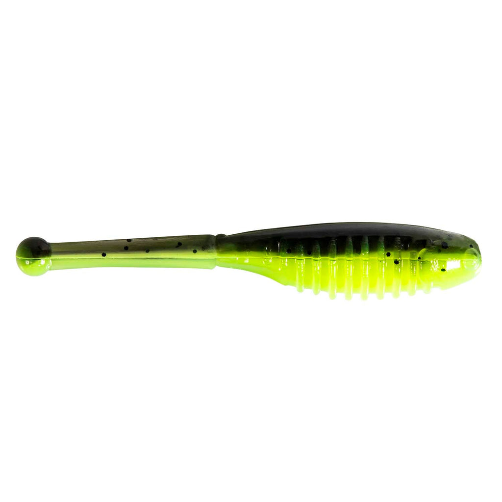 Soft fishing lure in neon green with dark specks and ridged tail