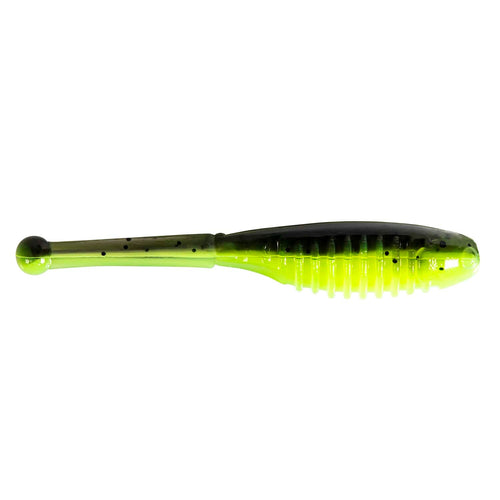 Soft fishing lure in neon green with dark specks and ridged tail