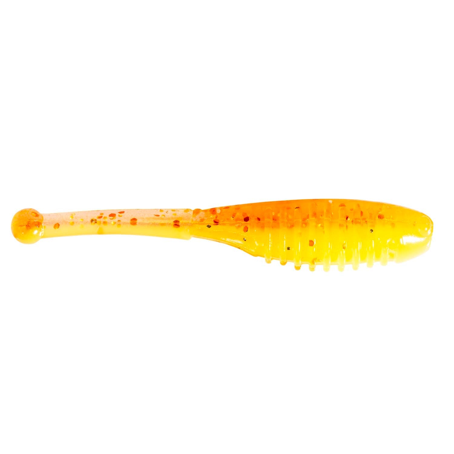 Soft fishing lure in orange with speckles and ridged tail