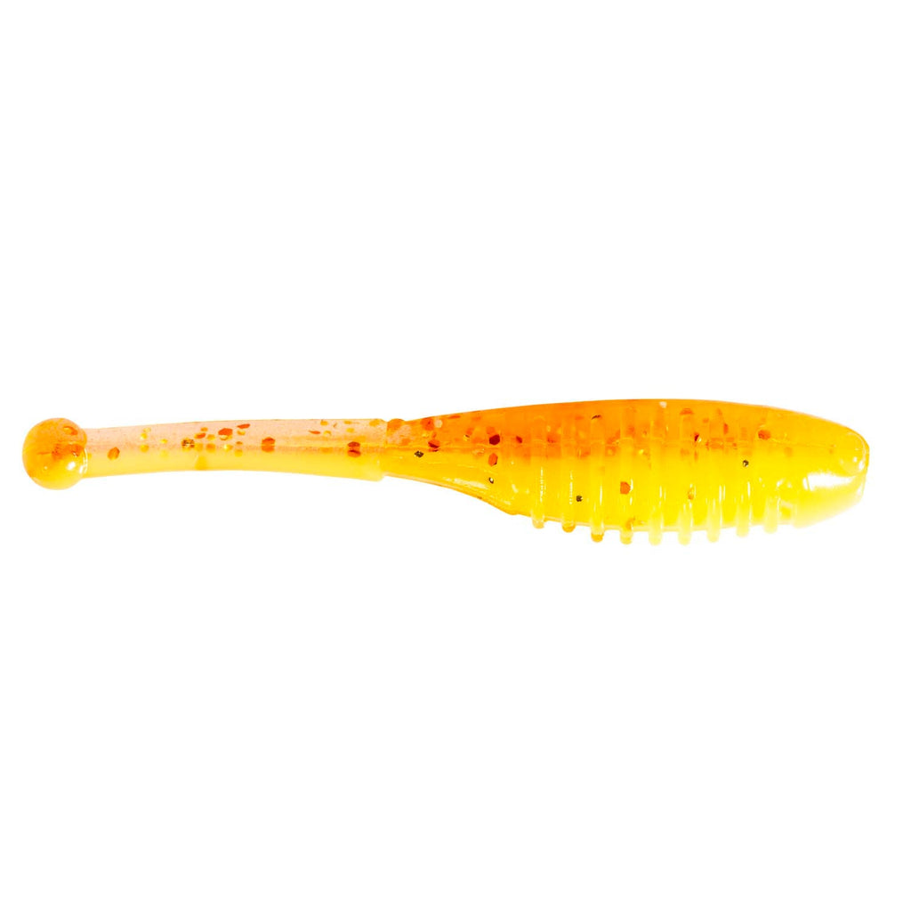 Orange translucent soft plastic swimbait with paddle tail and speckle pattern