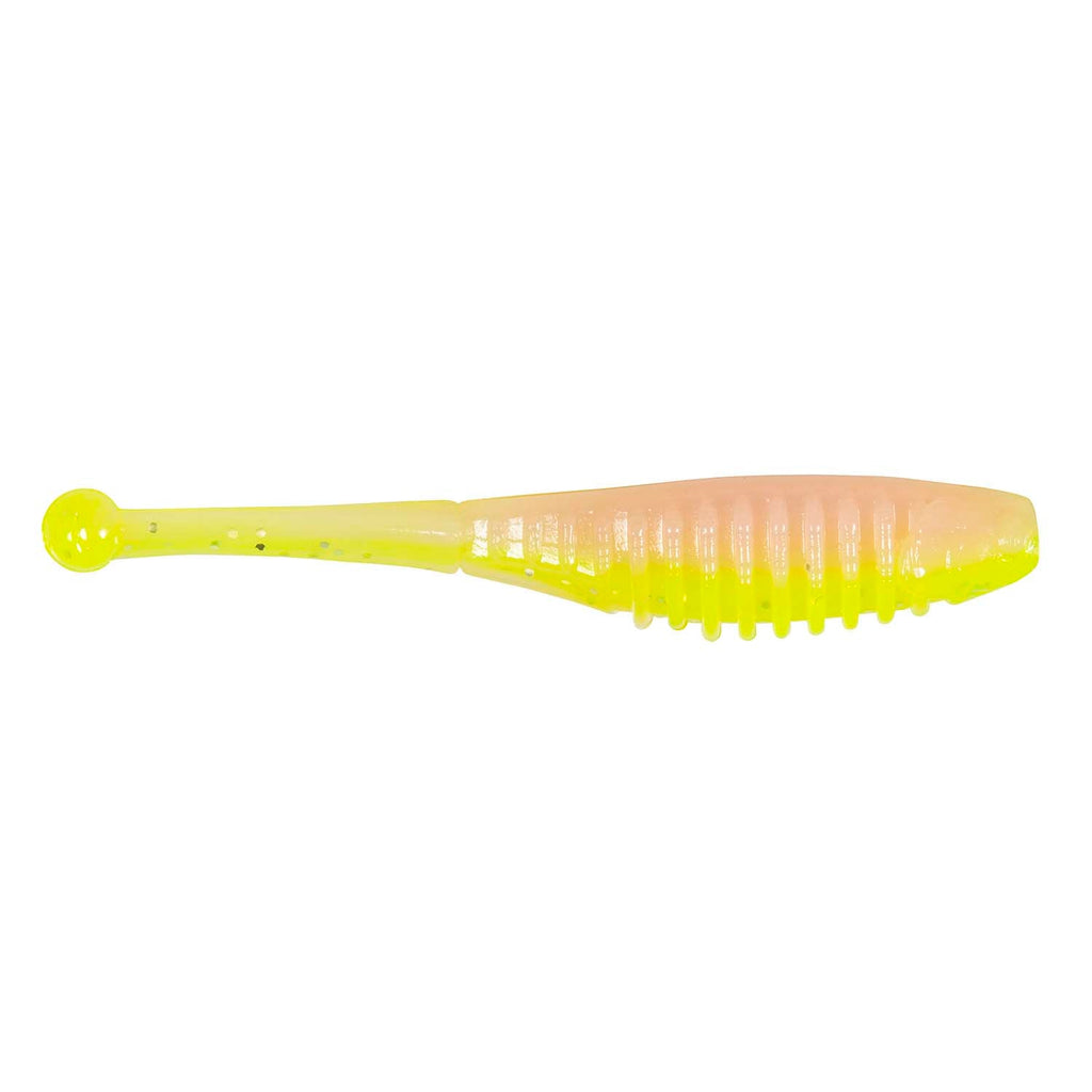 Soft fishing lure in bright yellow-green with ridged tail and speckles
