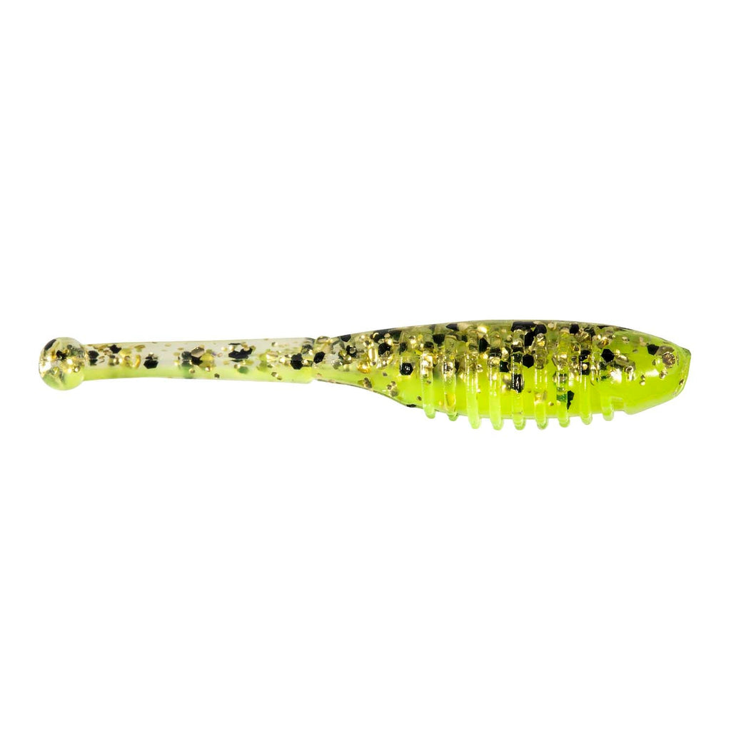 Soft fishing lure in olive green with dark speckles and ridged tail