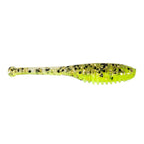 Soft fishing lure in olive green with dark speckles and ridged tail