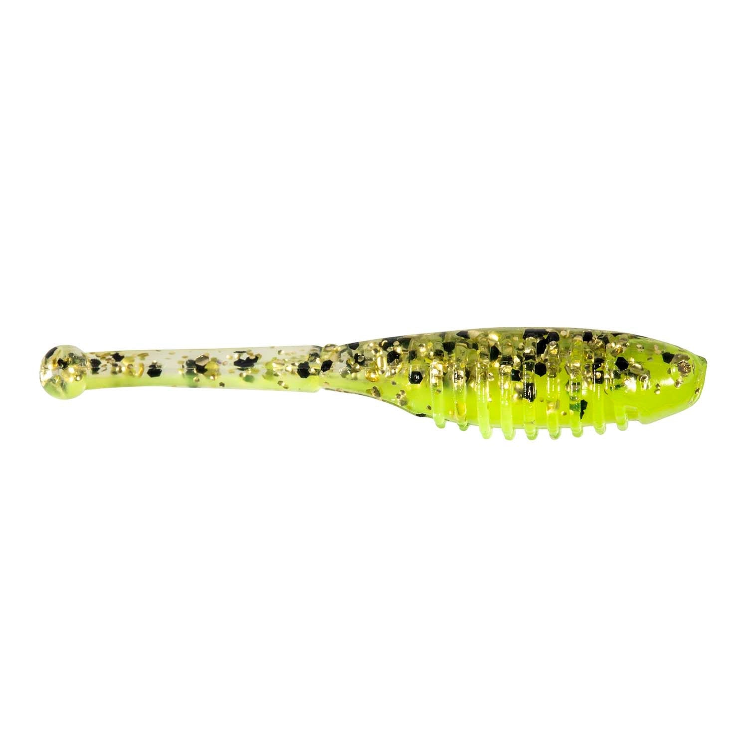 Soft fishing lure in olive green with dark speckles and ridged tail