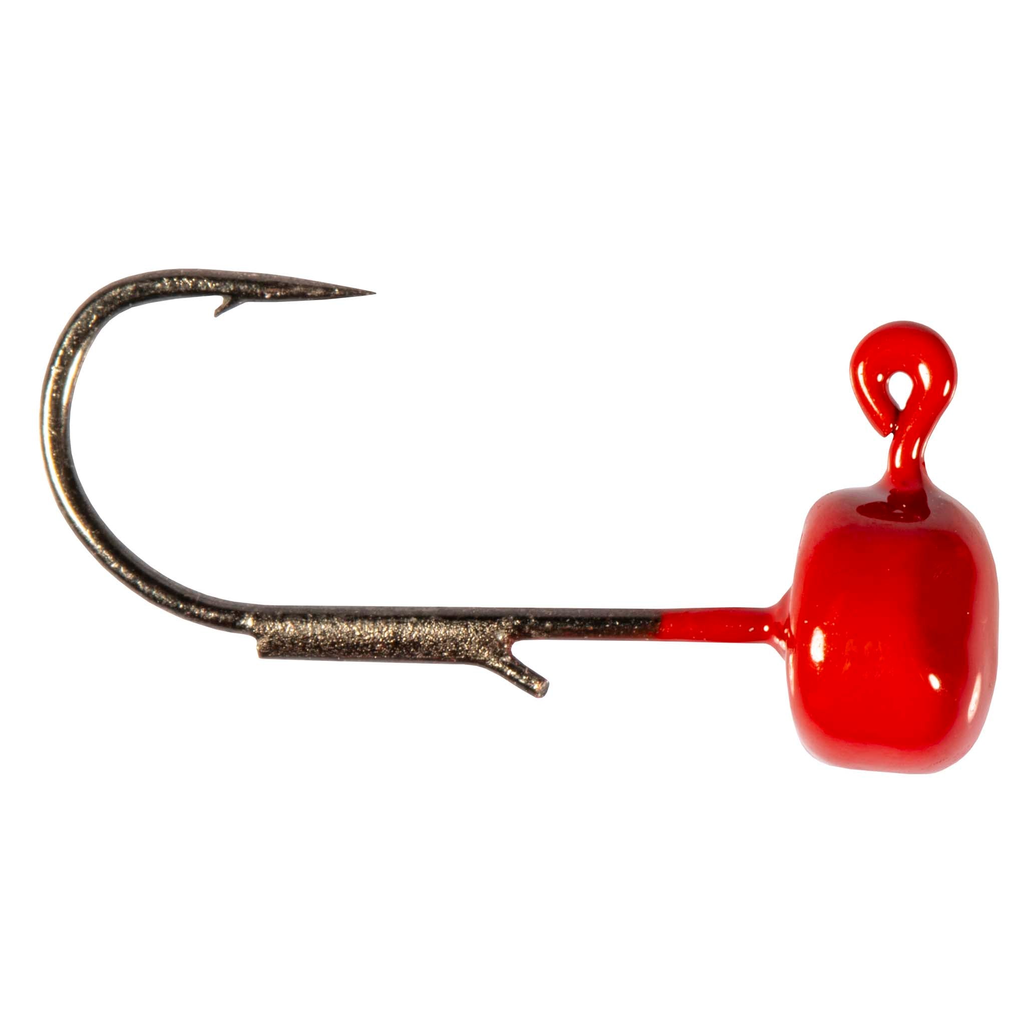 Red jig hook with round head and curved hook shank, lure for fishing