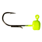 Chartreuse jig hook with round head and curved hook shank, fishing lure