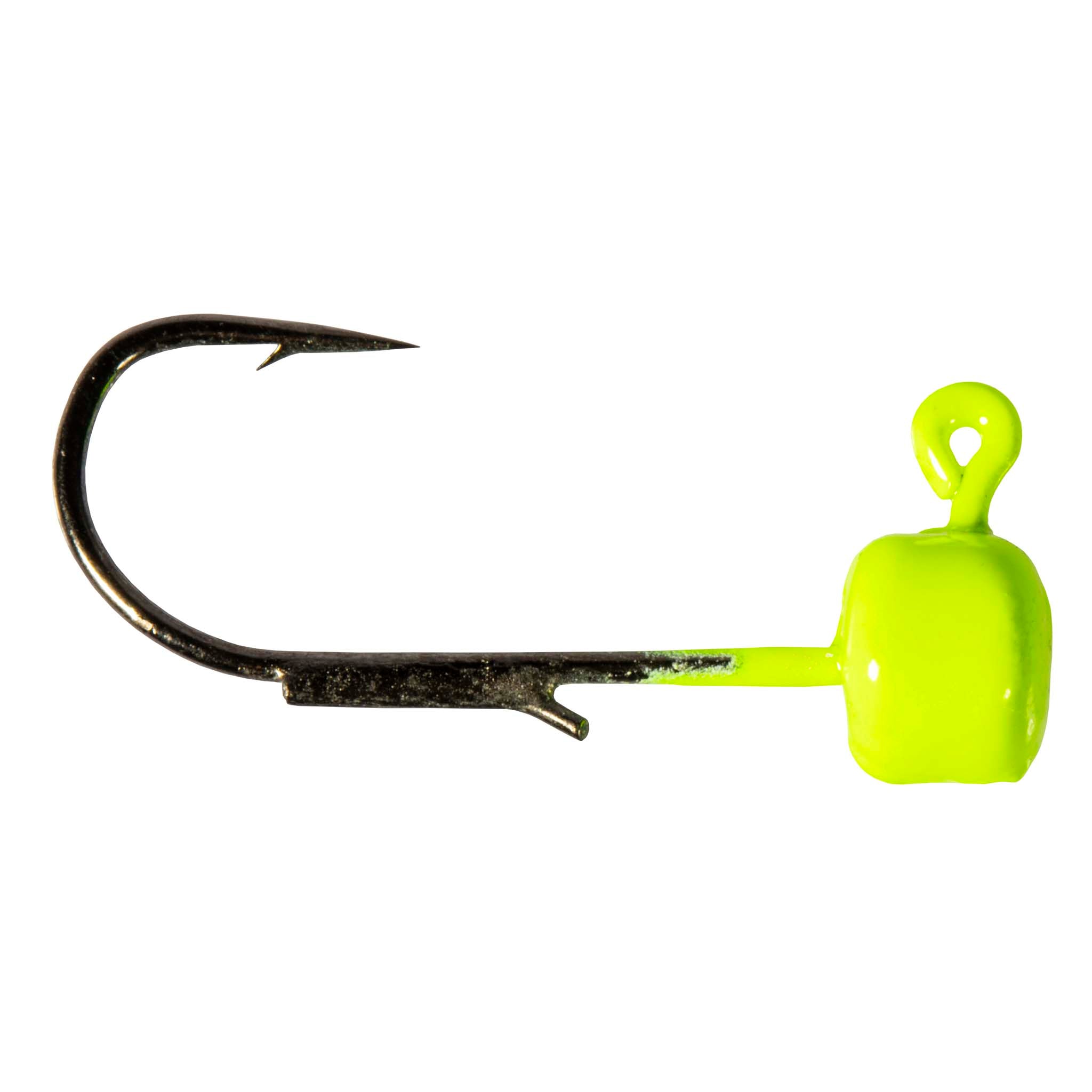 Chartreuse jig hook with round head and curved hook shank, fishing lure