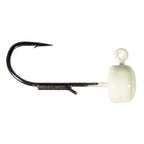 Glow/white jig hook with round head and curved hook shank, fishing lure