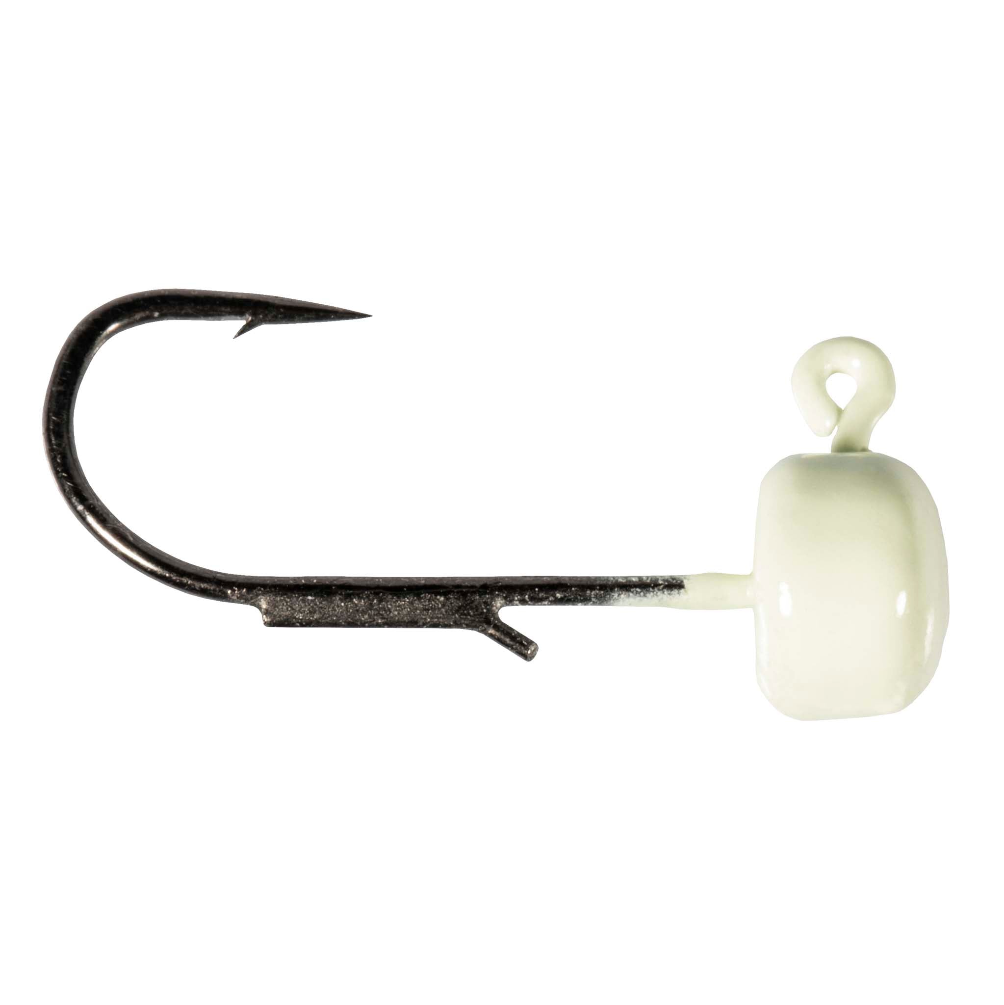 Glow/white jig hook with round head and curved hook shank, fishing lure