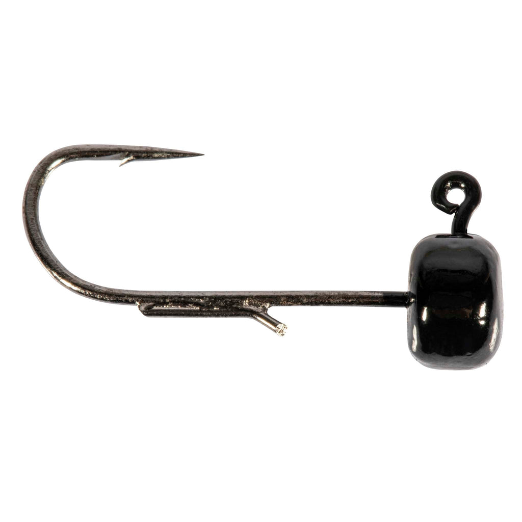Black jig hook with round head and curved hook shank, fishing lure
