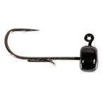 Black jig hook with round head and curved hook shank, fishing lure