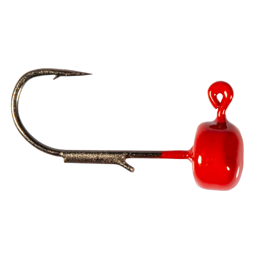 Red jig hook lure with round head and curved metal hook, bait for fishing