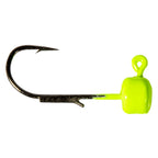 Chartreuse jig hook lure with round head and curved metal hook, bait for fishing