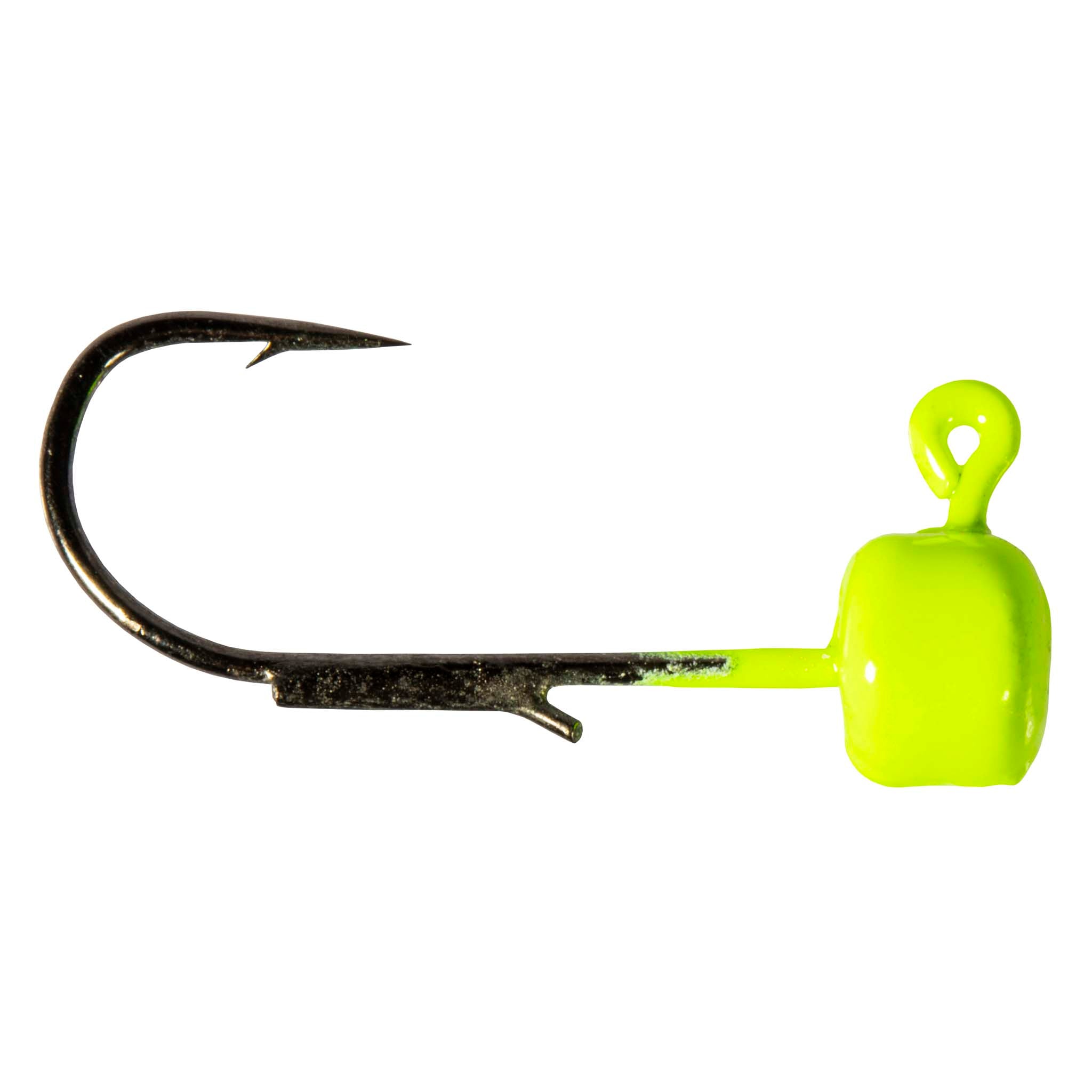 Chartreuse jig hook lure with round head and curved metal hook, bait for fishing
