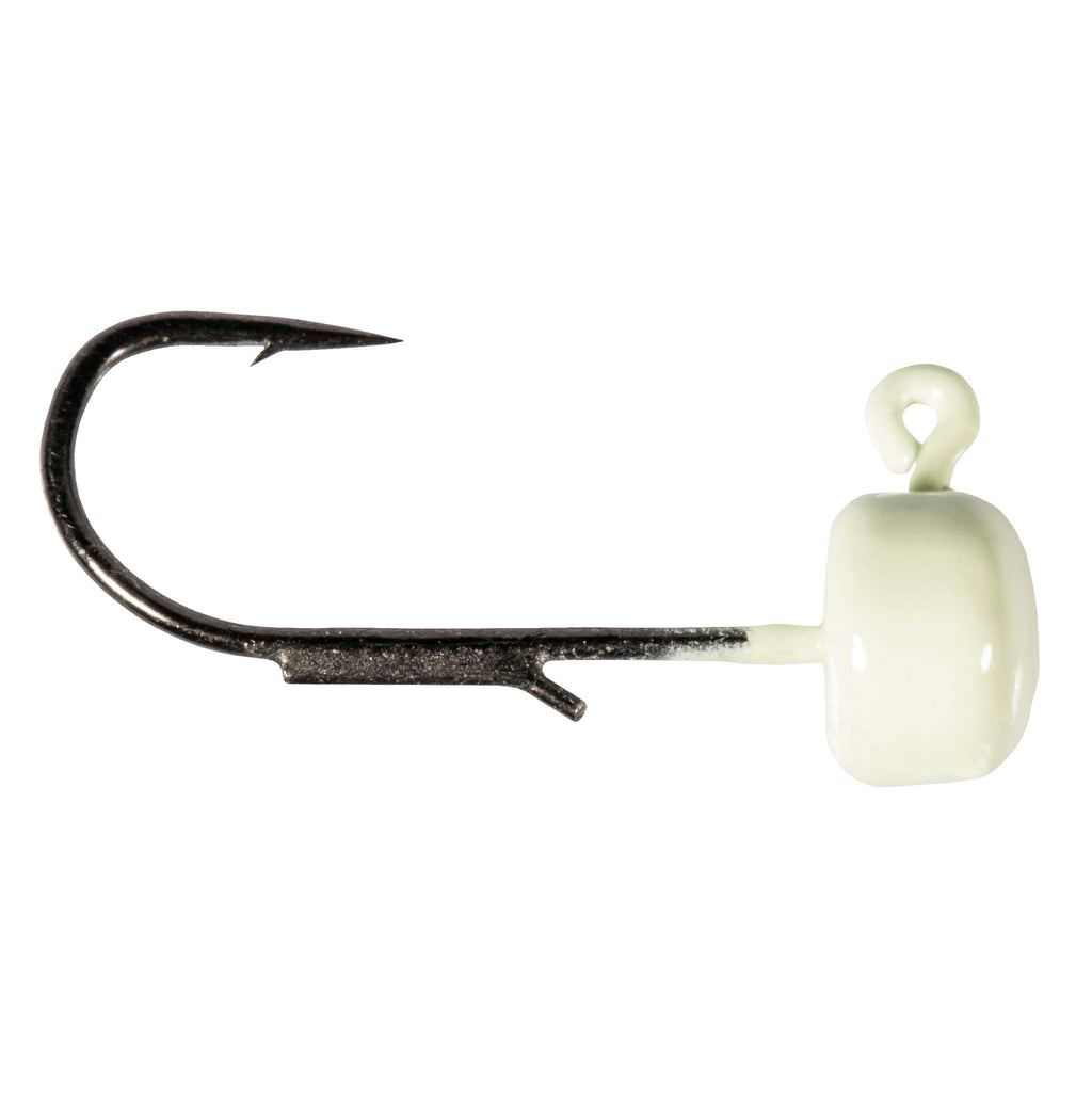 Glow/white jig hook lure with round head and curved metal hook, bait for fishing