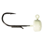 Glow/white jig hook lure with round head and curved metal hook, bait for fishing