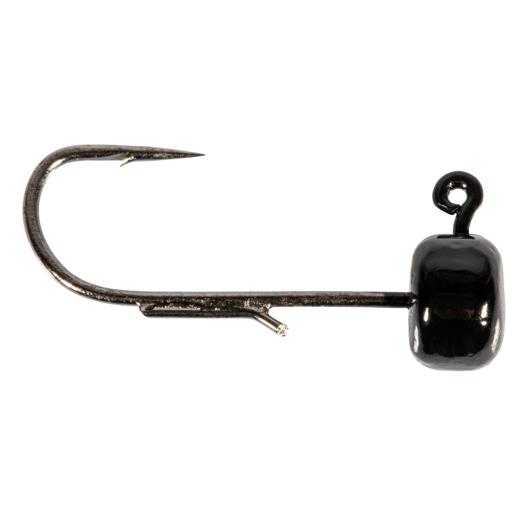 Black jig hook lure with round head and curved metal hook, bait for fishing