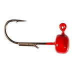 Red fishing jig hook with round head, curved hook shank, lure bait
