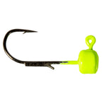 Chartreuse fishing jig hook with round head, curved hook shank, lure bait