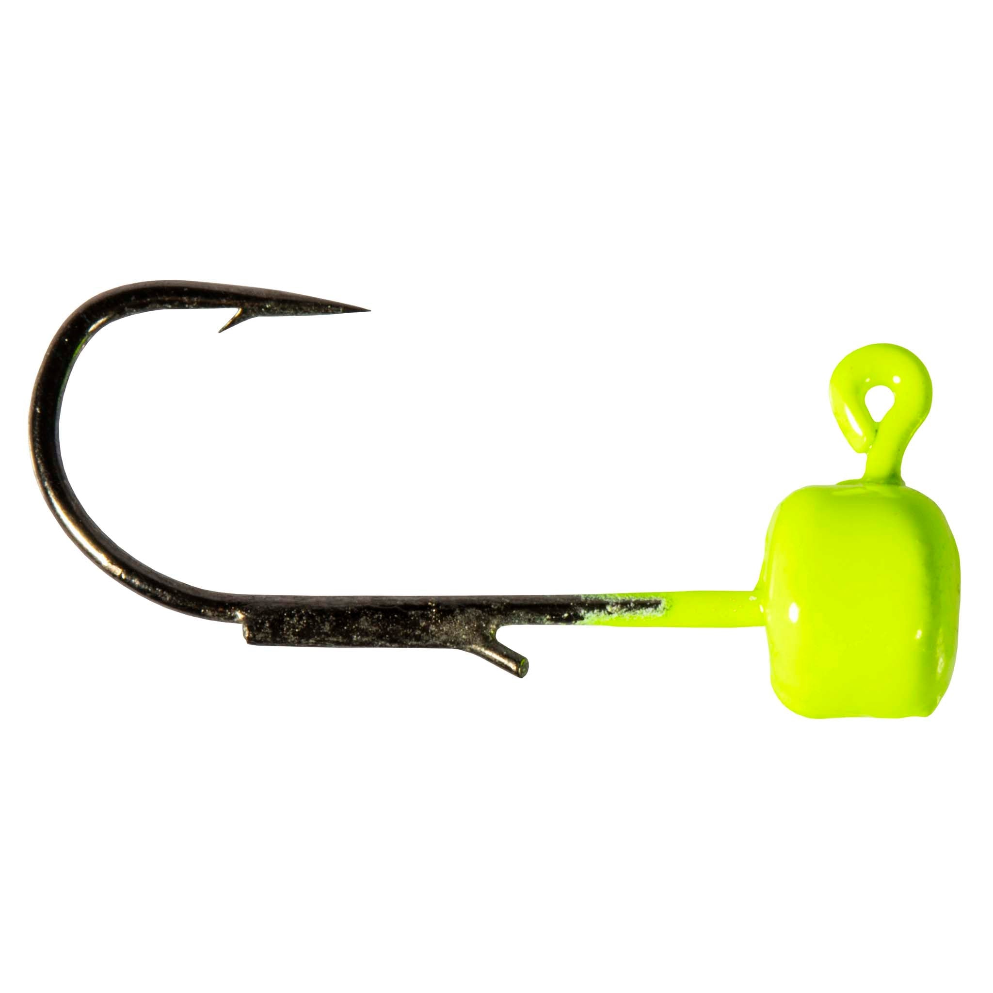 Chartreuse fishing jig hook with round head, curved hook shank, lure bait