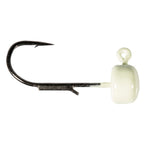 Cream mushroom jig head with offset hook and weedguard.