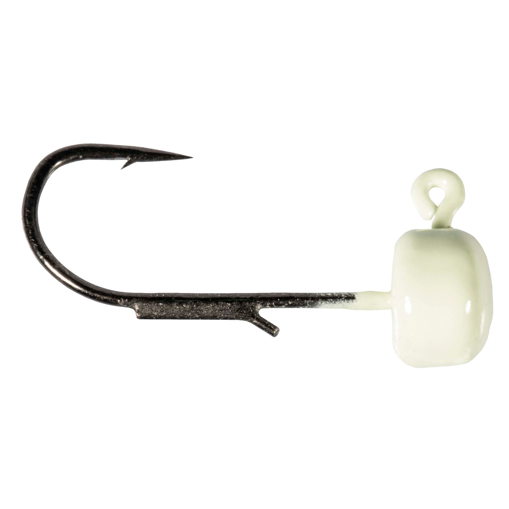 Cream mushroom jig head with offset hook and weedguard.