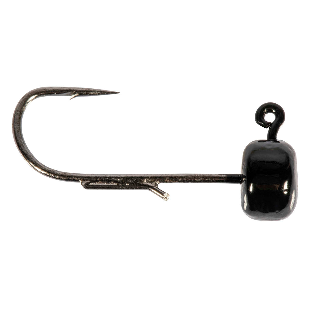 Black mushroom jig head with offset hook and weedguard.