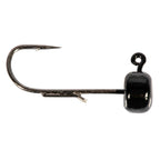 Black mushroom jig head with offset hook and weedguard.