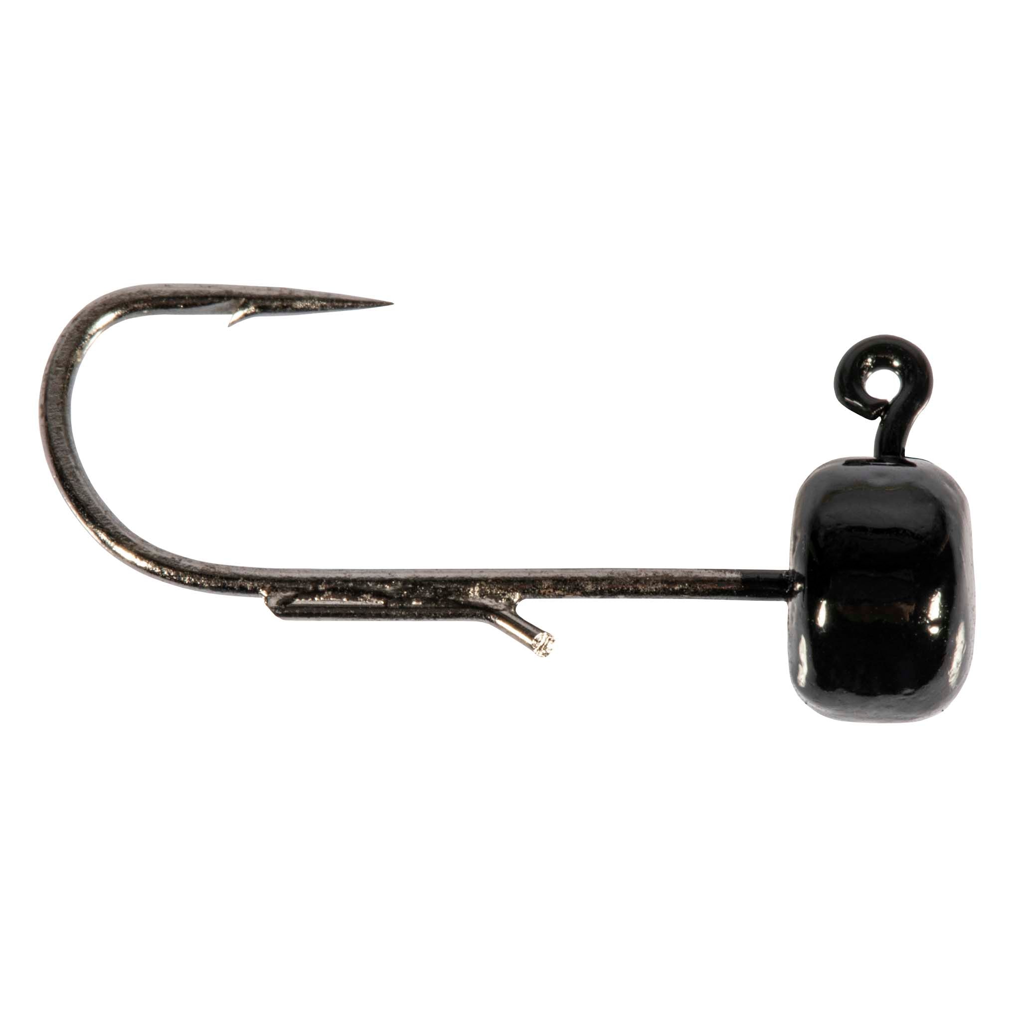 Black mushroom jig head with offset hook and weedguard.