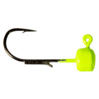 Chartreuse mushroom jig head with offset hook and weedguard.