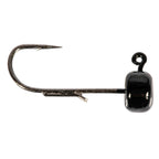 Glossy black mushroom jig head with offset hook and weedguard.