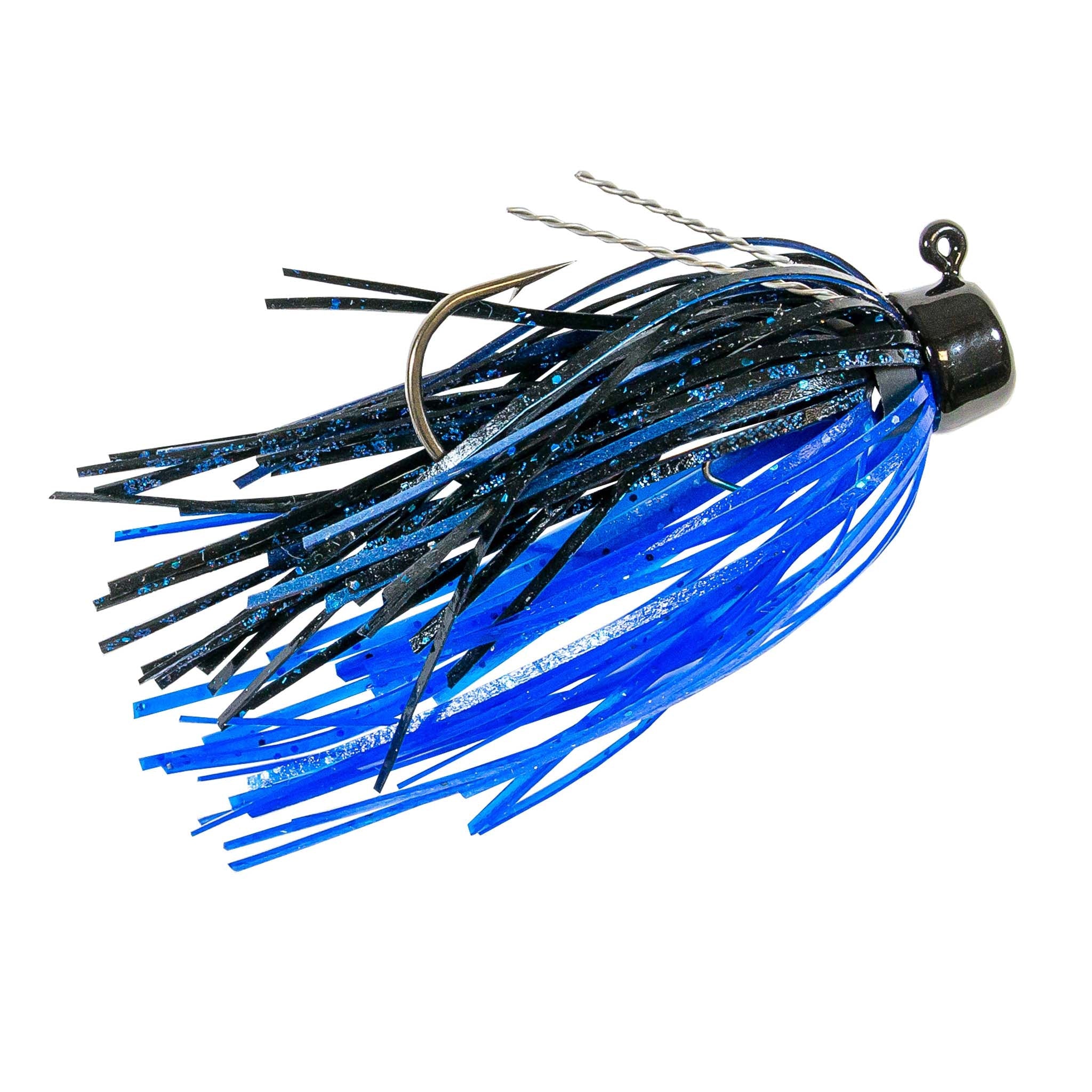 Fishing jig with bright blue skirt strands and dark hook, silver glitter specks