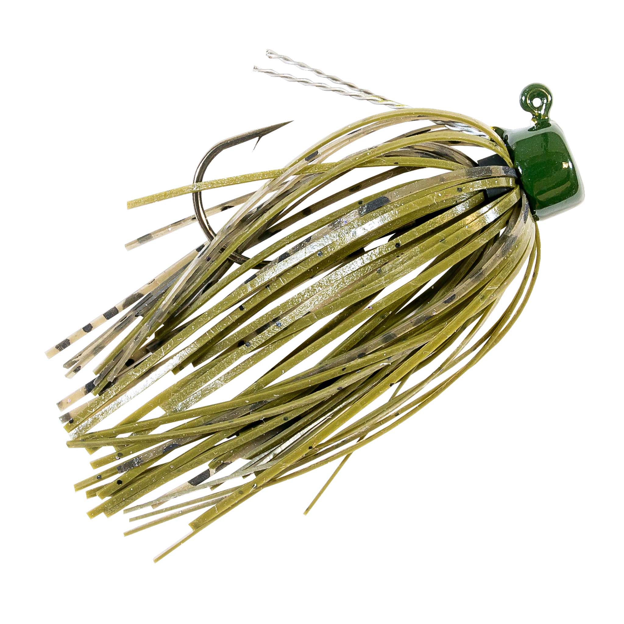Fishing jig with olive-green skirt strands and dark hook, glitter-speckled