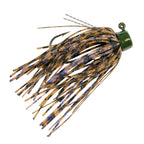 Fishing jig with brown-orange skirt strands and dark hook, sparkly multicolor flecks