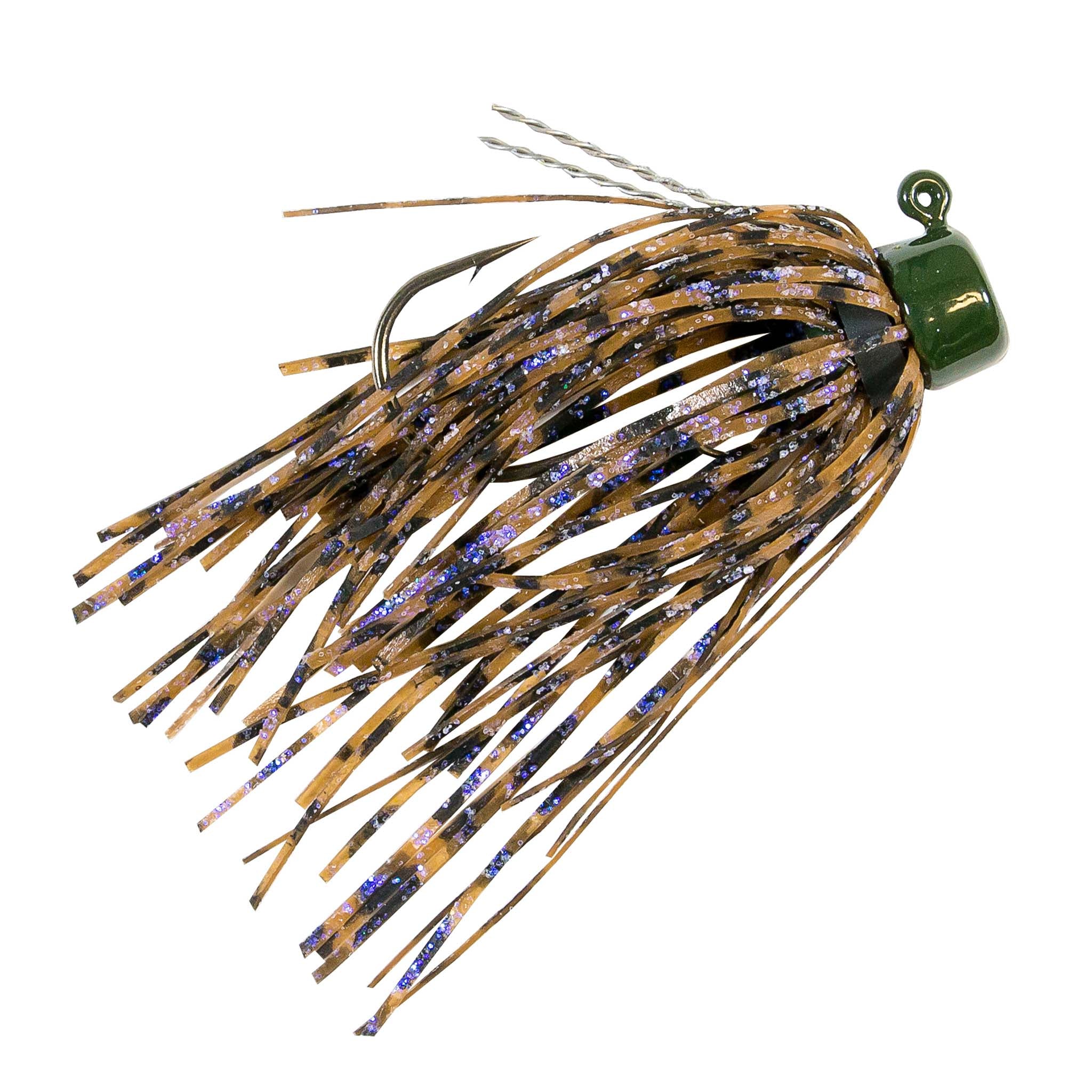 Fishing jig with brown-orange skirt strands and dark hook, sparkly multicolor flecks
