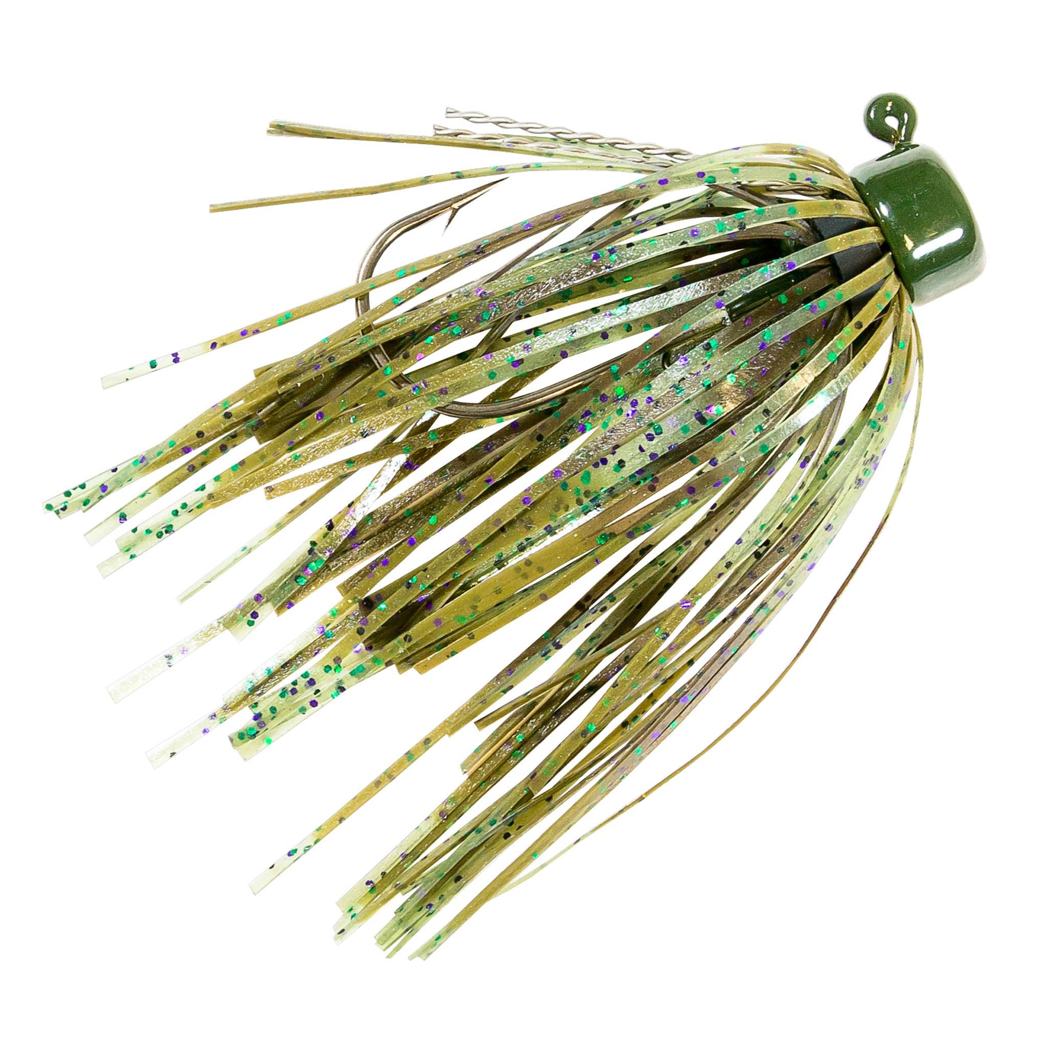 Fishing jig with green skirt strands and dark hook, speckled with multicolor glitter