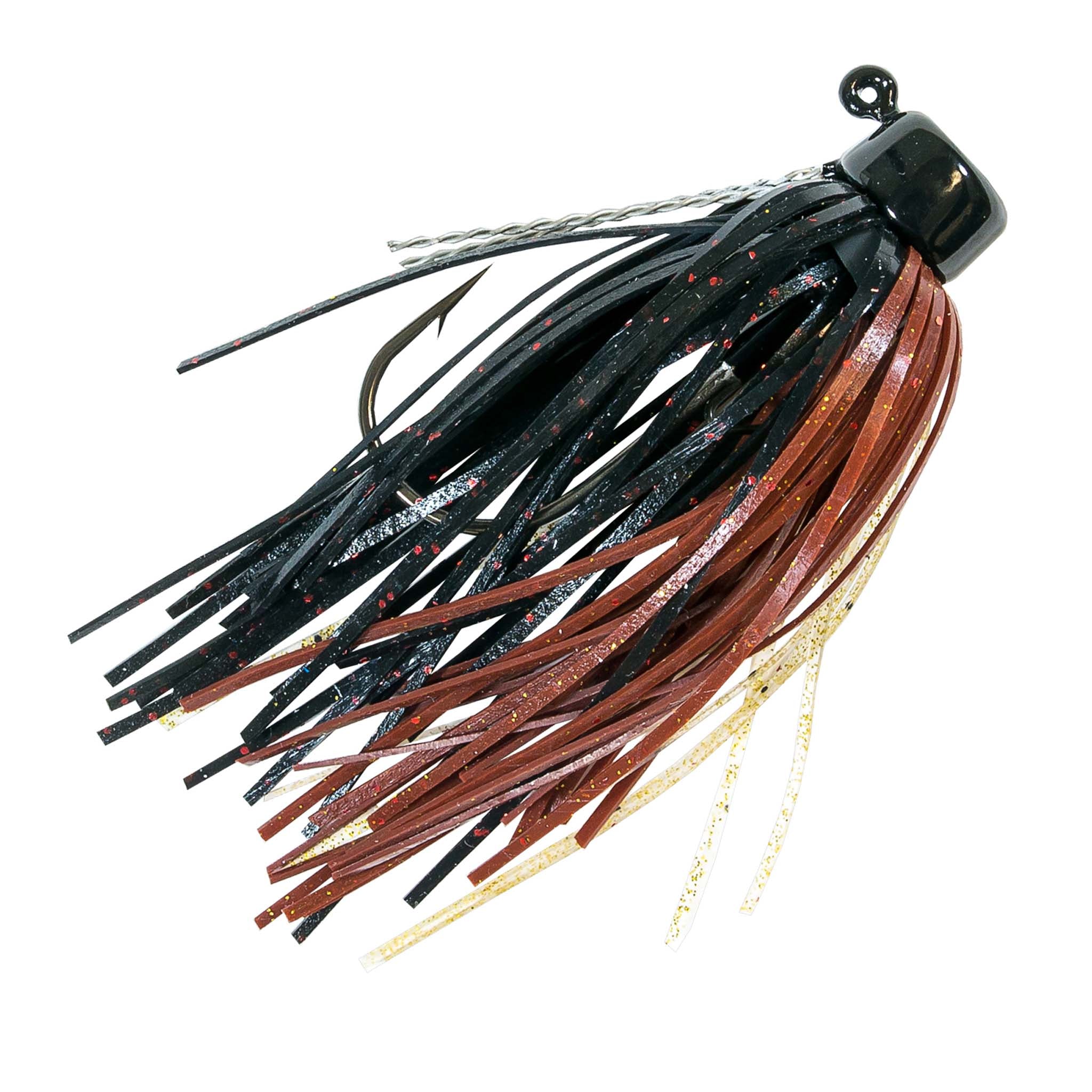 Fishing jig with black skirt strands and dark hook, copper-brown accents and glitter