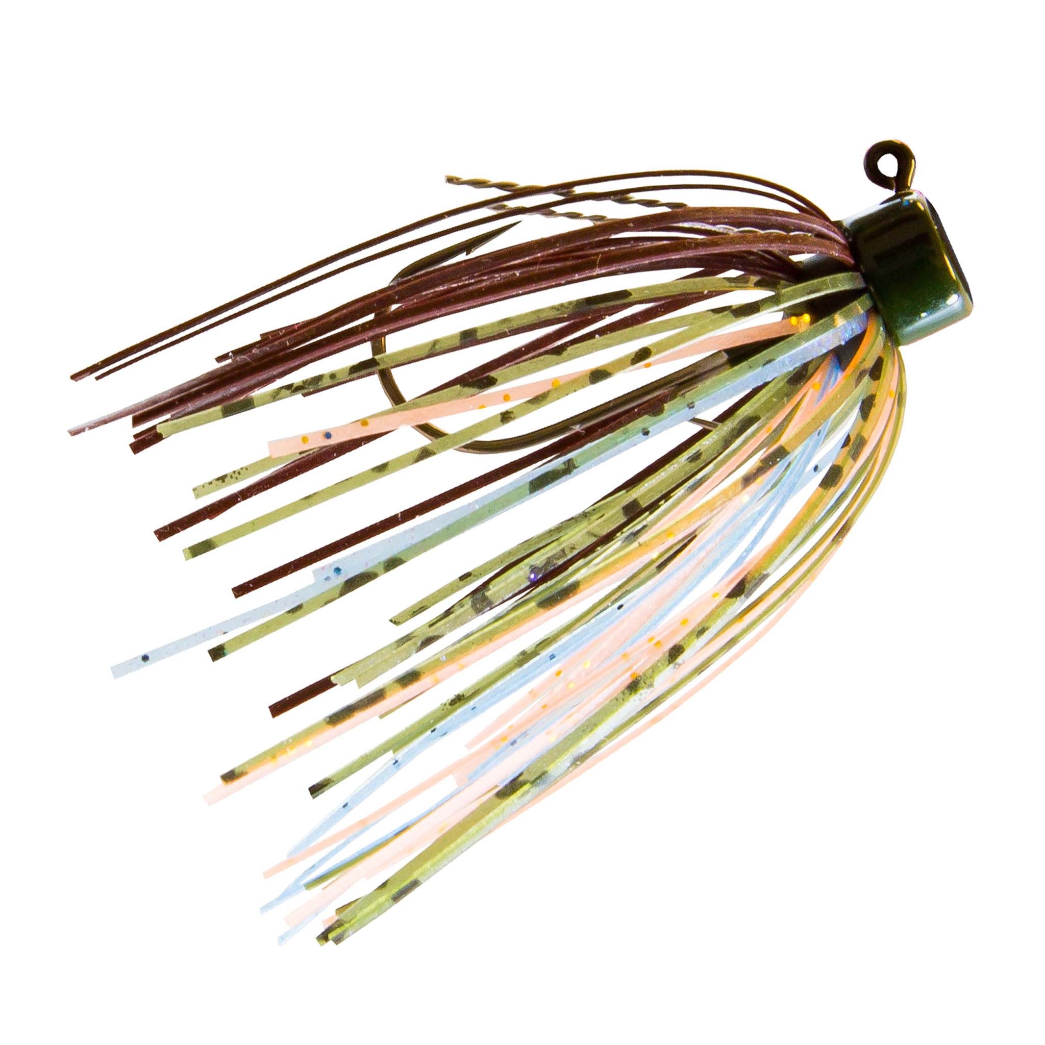 Fishing jig with brown skirt strands and dark hook, light and blue speckled highlights
