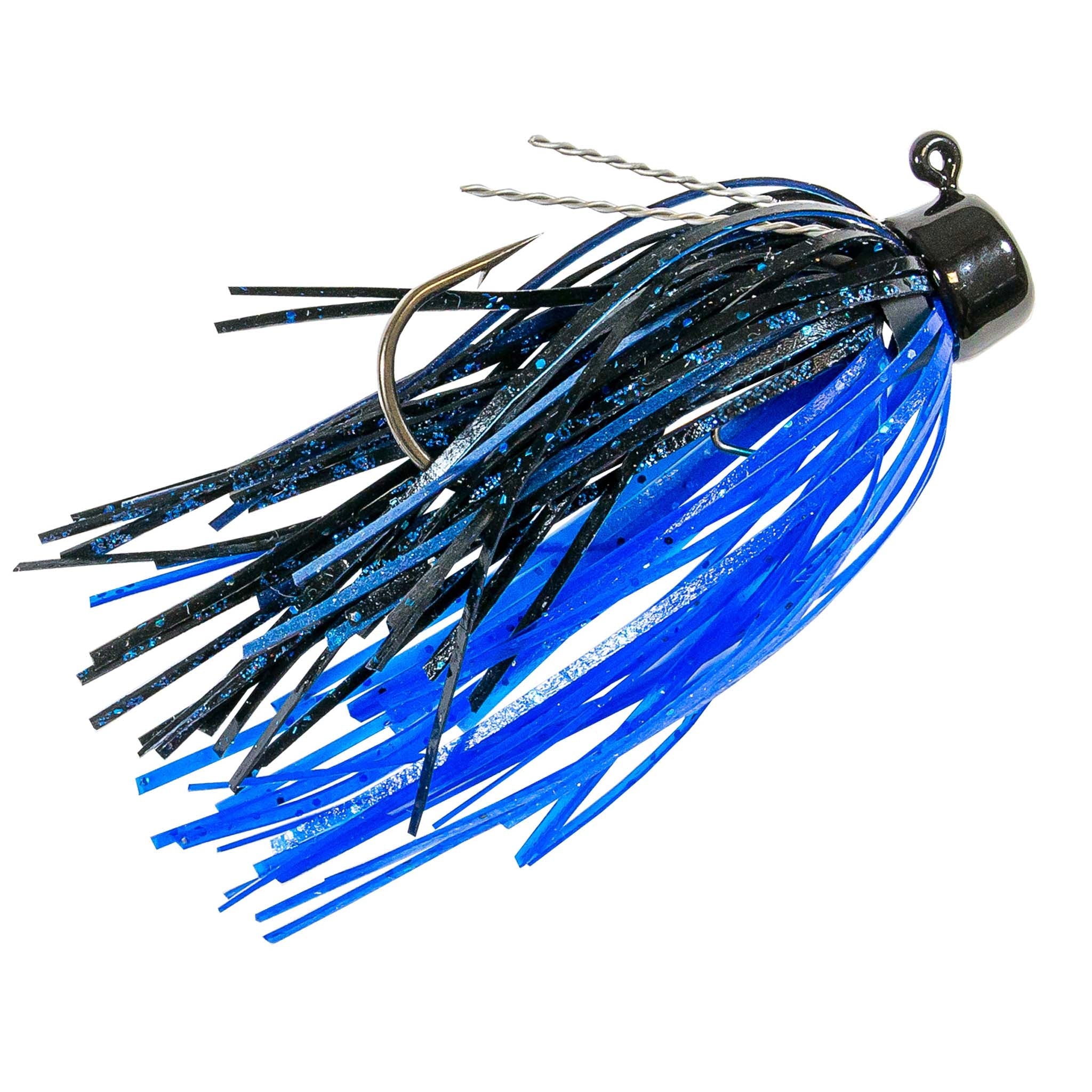 Fishing jig with cobalt blue skirt strands and dark hook, sparkling speckled threads