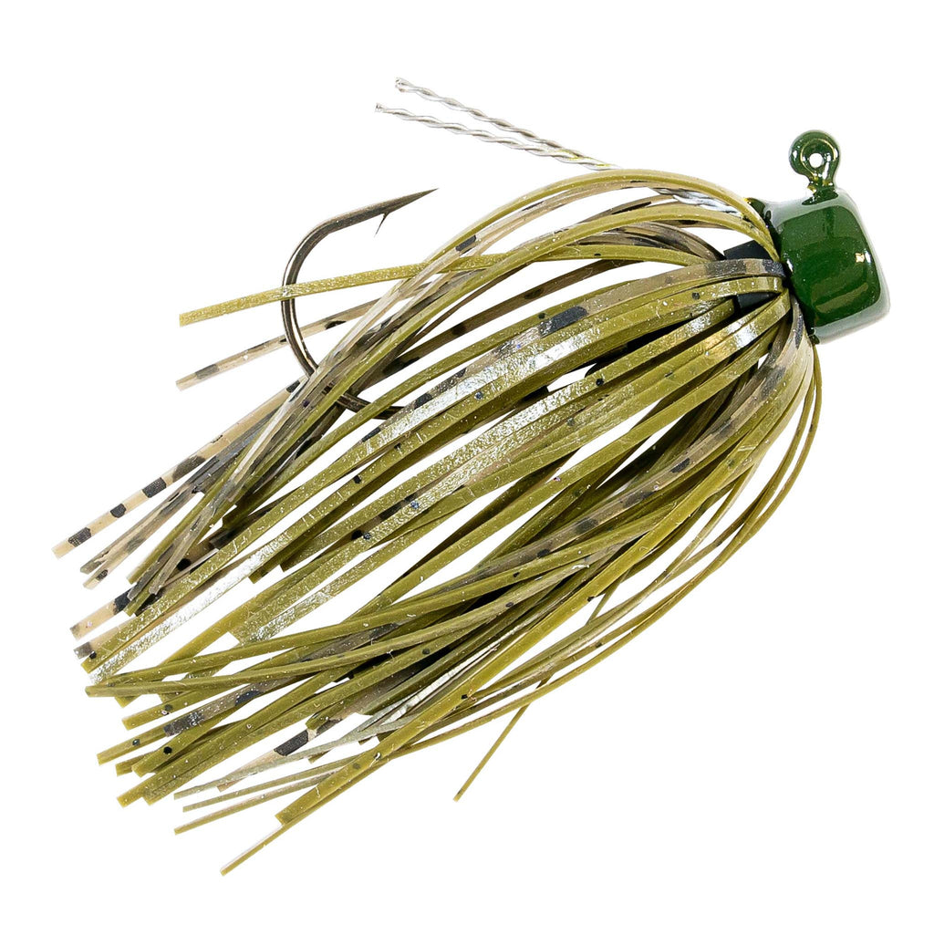 Fishing jig with olive-gold skirt strands and dark hook, lightly glittered