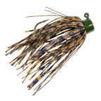 Fishing jig with brown skirt strands and dark hook, rainbow speckled sparkle