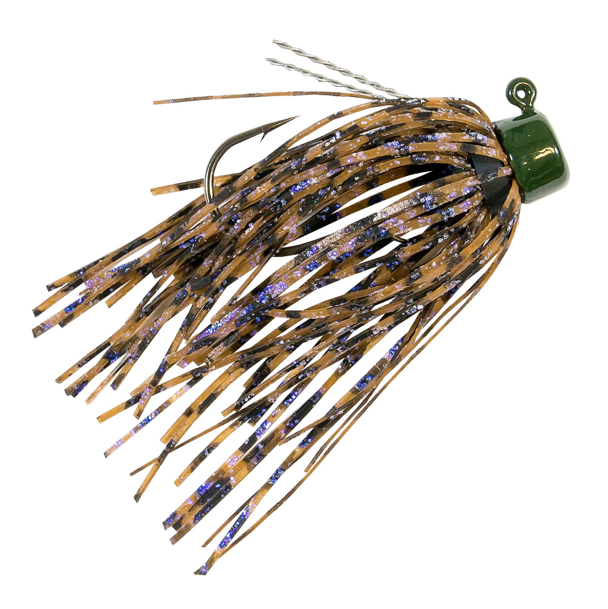 Fishing jig with brown skirt strands and dark hook, rainbow speckled sparkle