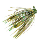 Fishing jig with olive-green skirt strands and dark hook, multicolor glitter speckles