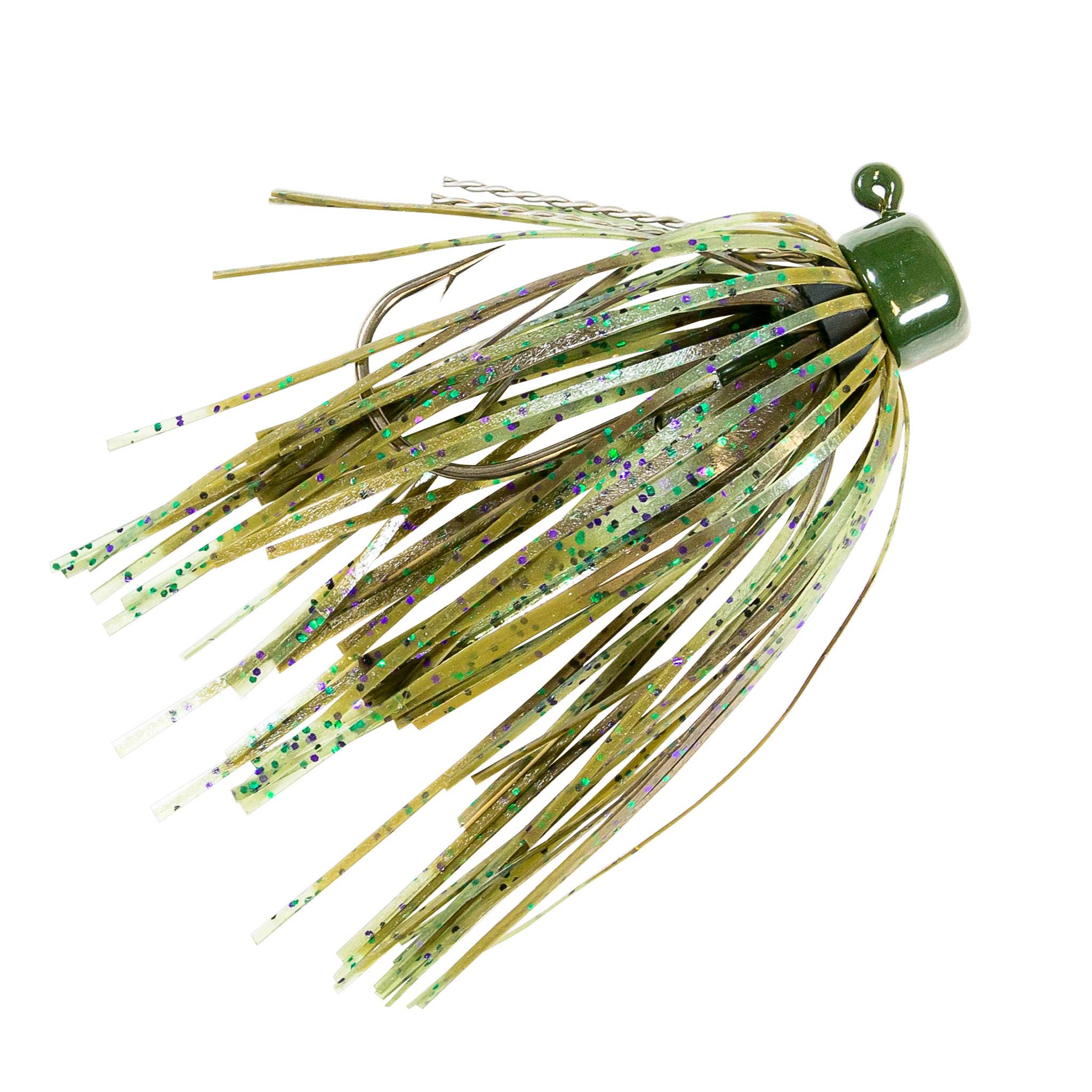 Fishing jig with olive-green skirt strands and dark hook, multicolor glitter speckles